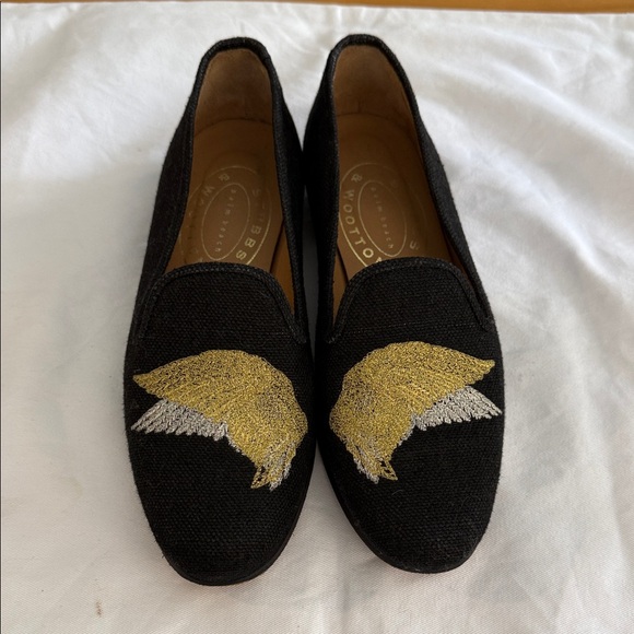 Stubbs & Wootton Black Loafers with Gold and Silver Embroidery